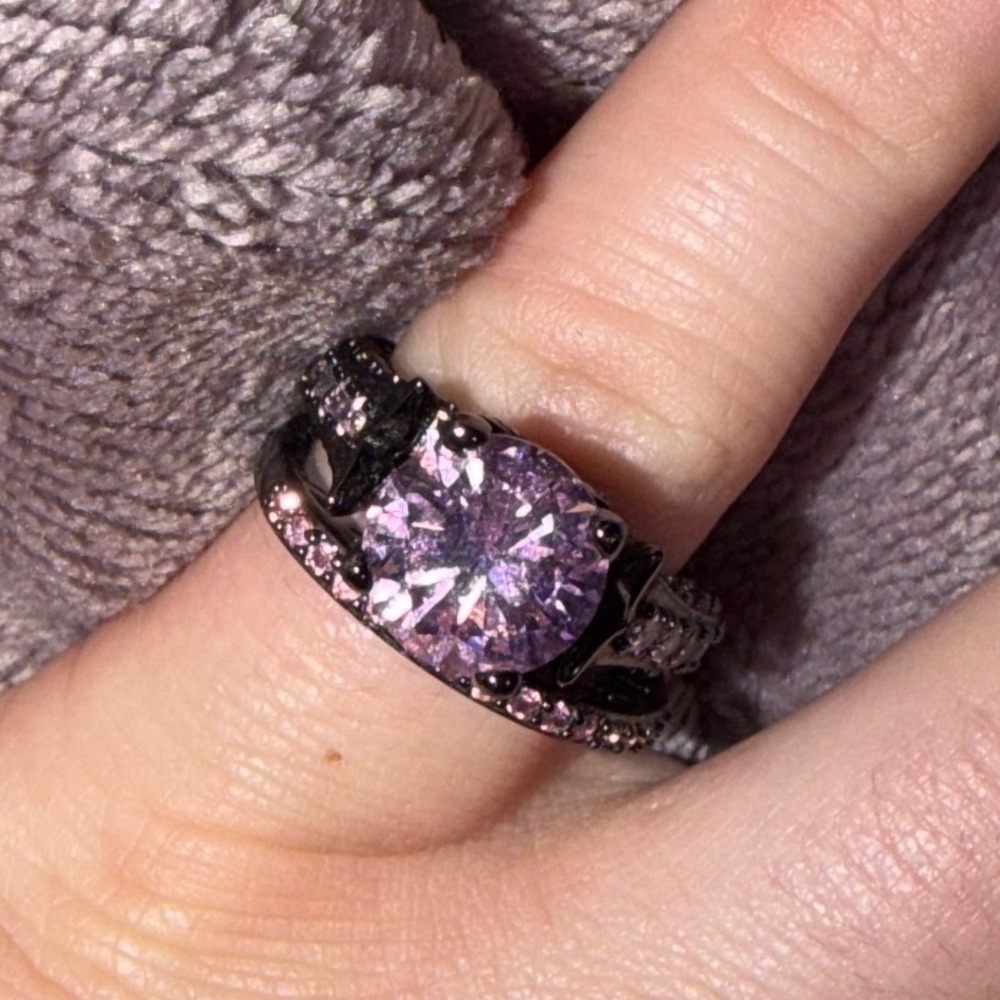 Black Metal Pink Crystal Ring Set Round Cut Stone Gothic Alternative Jewelry